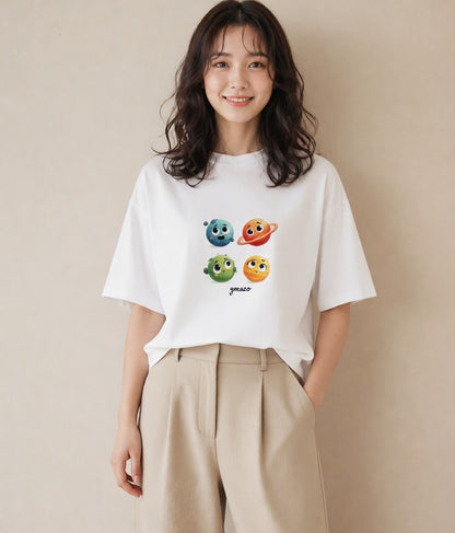 プリントTシャツ レディース 土星 星空 宇宙 イラスト 抜け感 春コーデ 姉妹 白T YMAZO