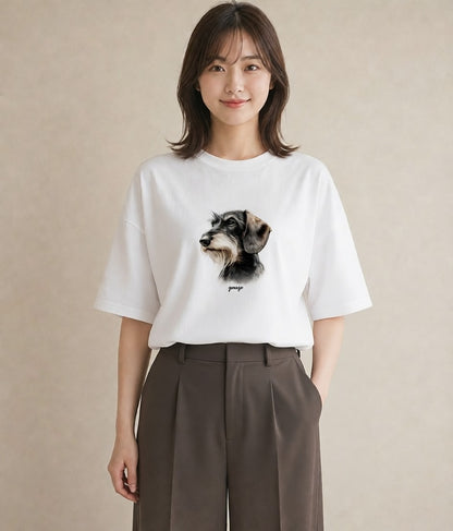半袖Tシャツ レディース ミニチュアダックスフンド 犬 いぬ イラスト 韓国風 ルームウェア ギフト 白T YMAZO