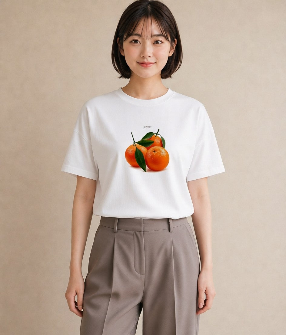 グラフィックTシャツ レディース みかん 食べ物 フード イラスト きれいめカジュアル 通勤 在宅 白T YMAZO