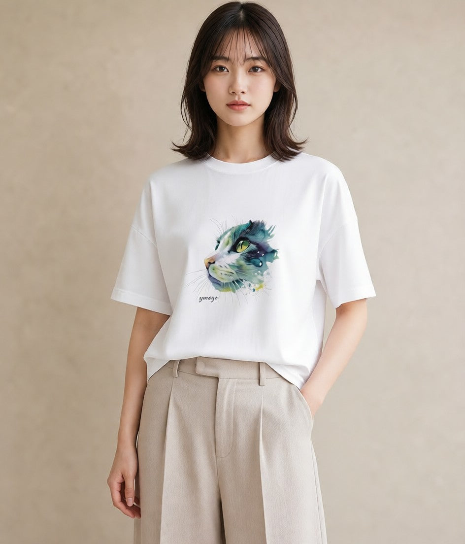 デザインTシャツ レディース サビ猫 猫 ねこ イラスト モード 誕生日プレゼント 綿100 白T YMAZO