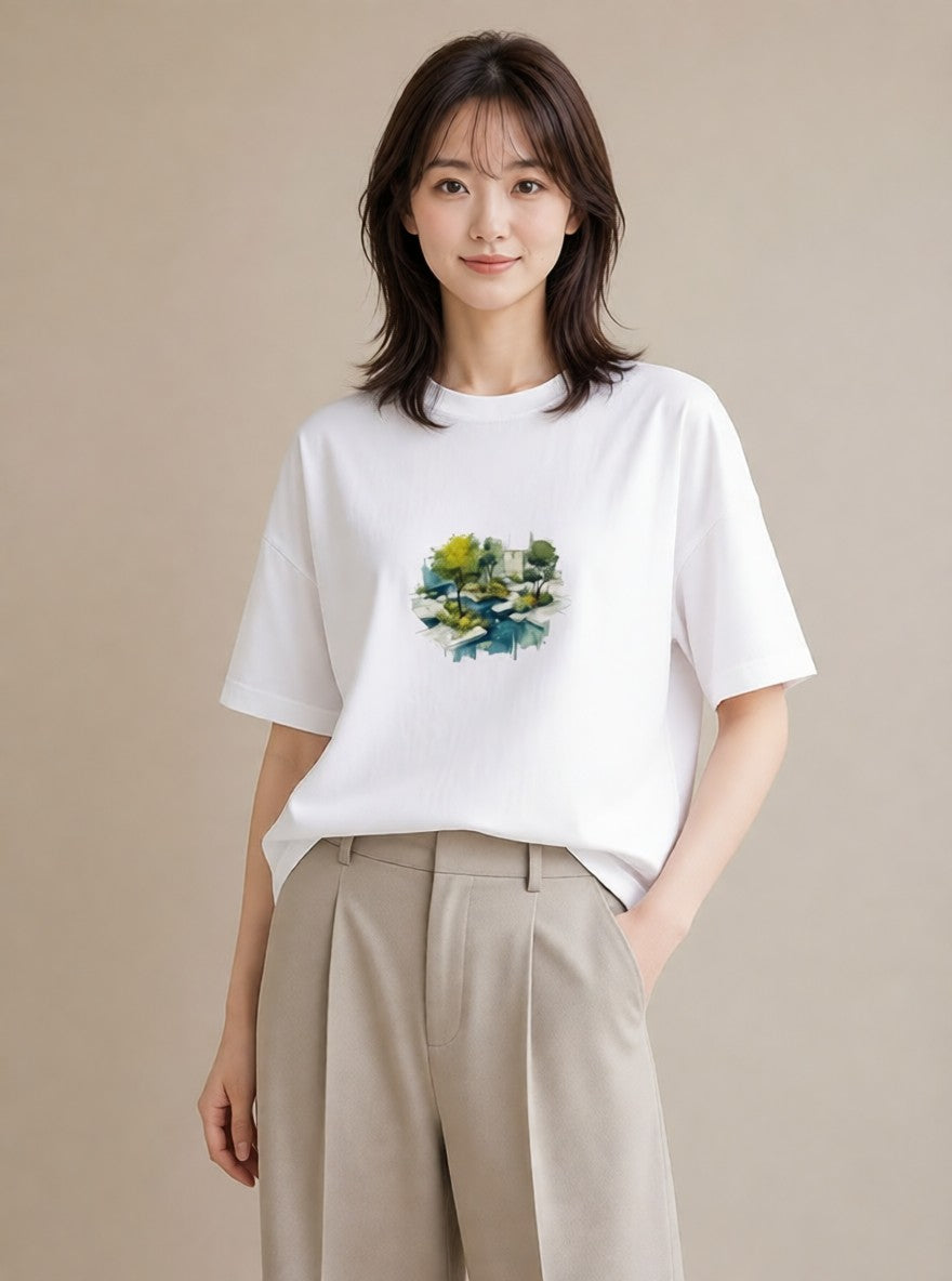 プリントTシャツ レディース 雨上がりのベンチ ベンチ ナチュラル アンティーク イラスト 可愛い 散歩 お出かけ 白T YMAZO