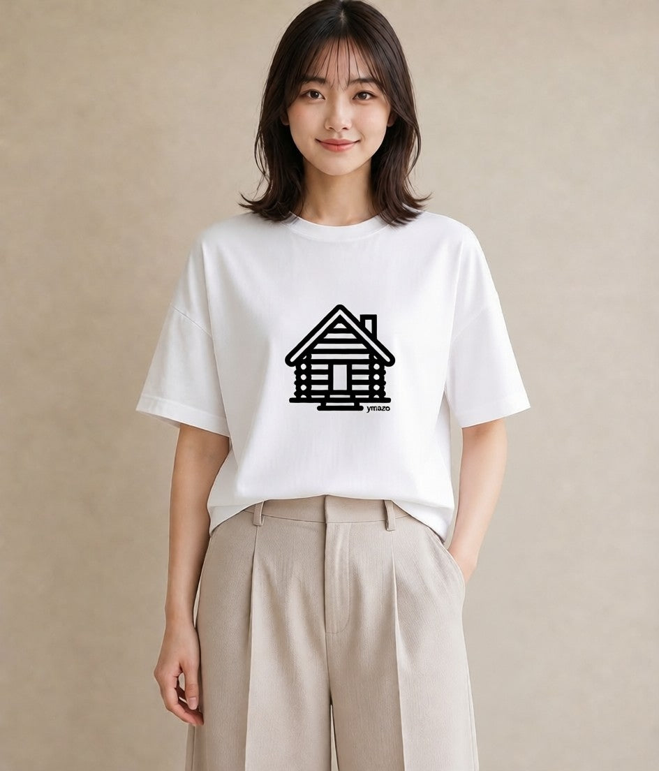 グラフィックTシャツ レディース 湖畔の小屋 湖 小屋 ナチュラル アンティーク イラスト 韓国風 ビーチ デイリーウェア 白T YMAZO