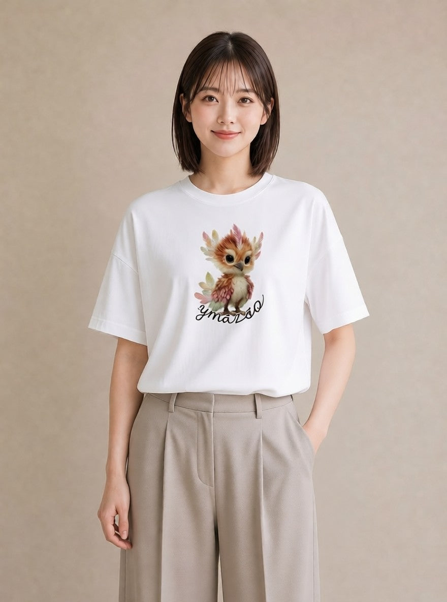 グラフィックTシャツ レディース フクロウ 動物 アニマル イラスト 可愛い 散歩 お出かけ 白T YMAZO