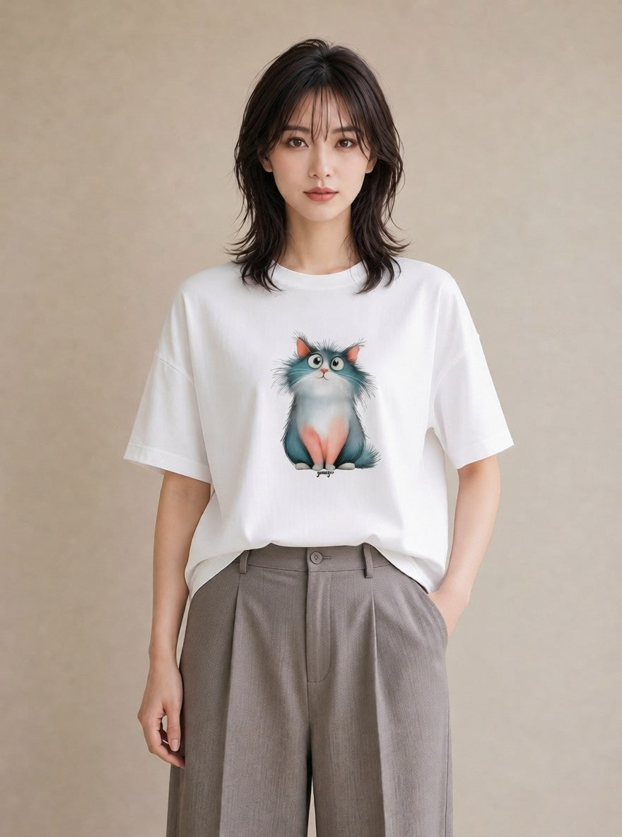 プリントTシャツ レディース 三毛猫 みけねこ 三毛 猫 ねこ イラスト 抜け感 春服 ミセス 白T YMAZO