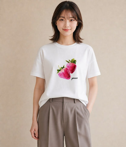 半袖Tシャツ レディース ショートケーキ 食べ物 フード イラスト 手描き風 お出かけ 普段着 白T YMAZO