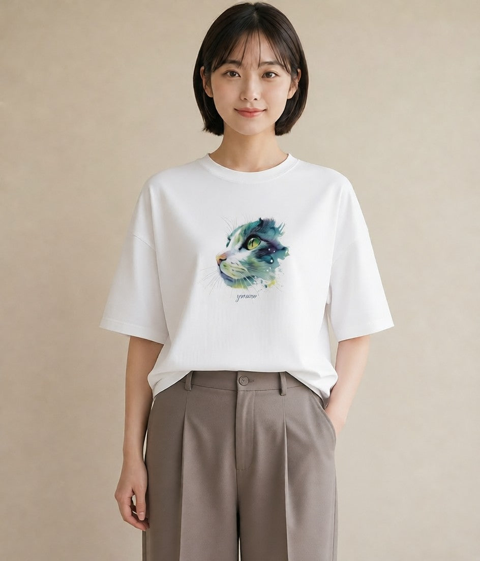プリントTシャツ レディース ソマリ 猫 ねこ イラスト 休日コーデ 誕生日プレゼント 綿100 白T YMAZO