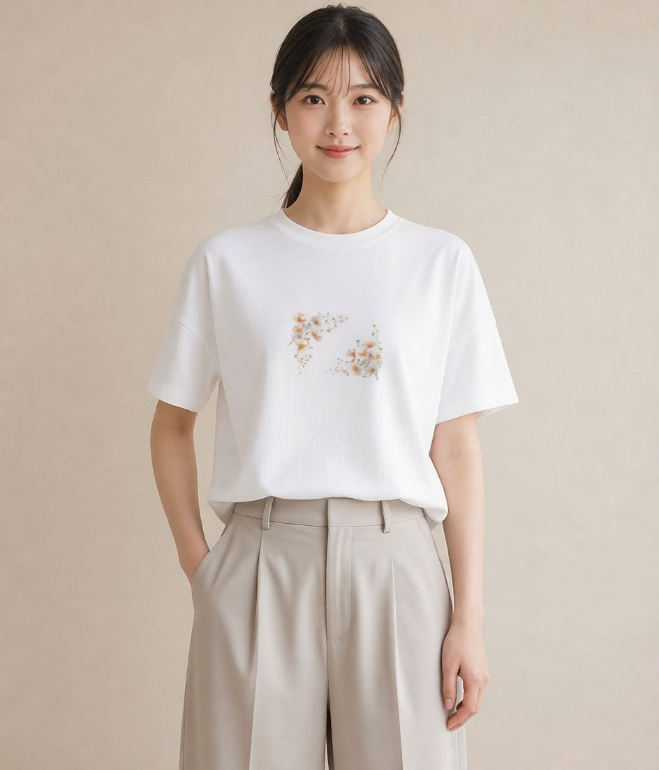 プリントTシャツ レディース コスモス 秋桜 花 花柄 イラスト モード 夏コーデ 通学 白T