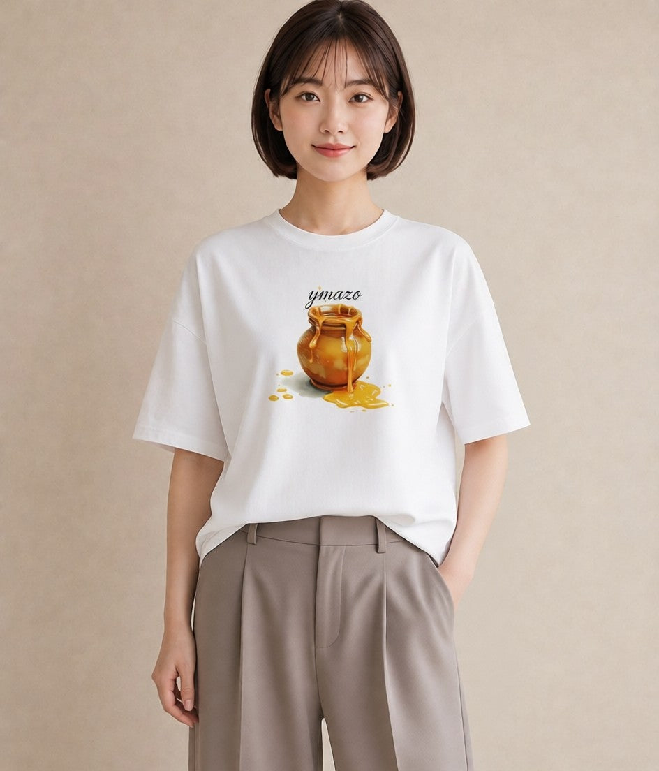 Tシャツ レディース はちみつ 食べ物 フード イラスト 手描き風 ルームウェア ギフト 白T YMAZO