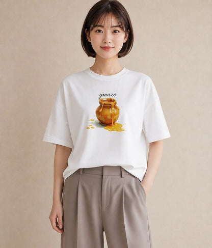 Tシャツ レディース はちみつ 食べ物 フード イラスト 手描き風 ルームウェア ギフト 白T YMAZO