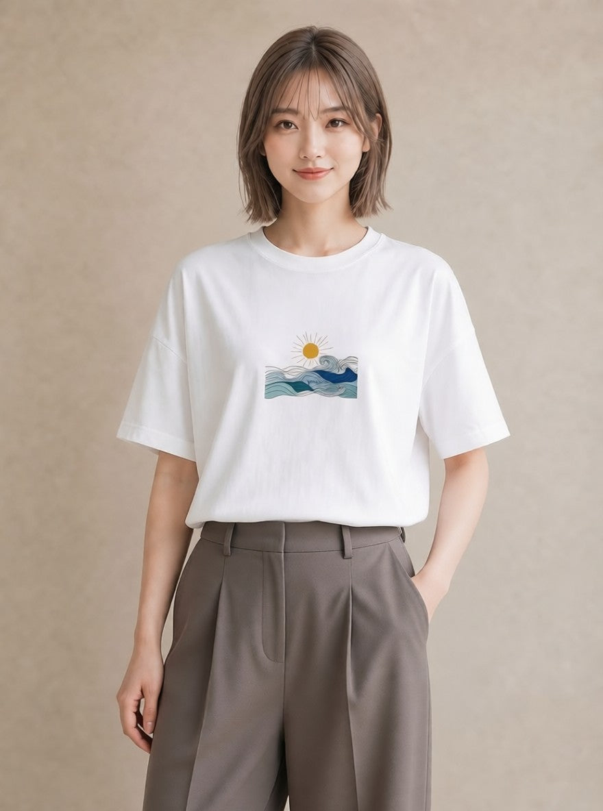 半袖Tシャツ レディース 海 リゾート 夏 イラスト 韓国風 レイヤード 友達ギフト 白T YMAZO
