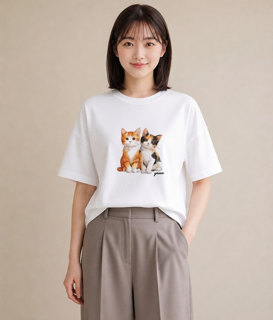 半袖Tシャツ レディース 子猫 猫 ねこ イラスト ガーリー 通勤 在宅 白T YMAZO