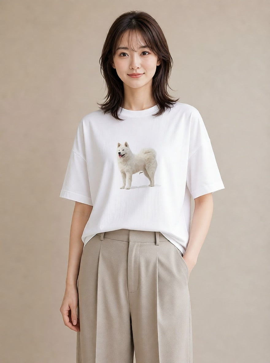 デザインTシャツ レディース サモエド 犬 いぬ イラスト こなれ感 カフェ服 クリスマス 白T YMAZO
