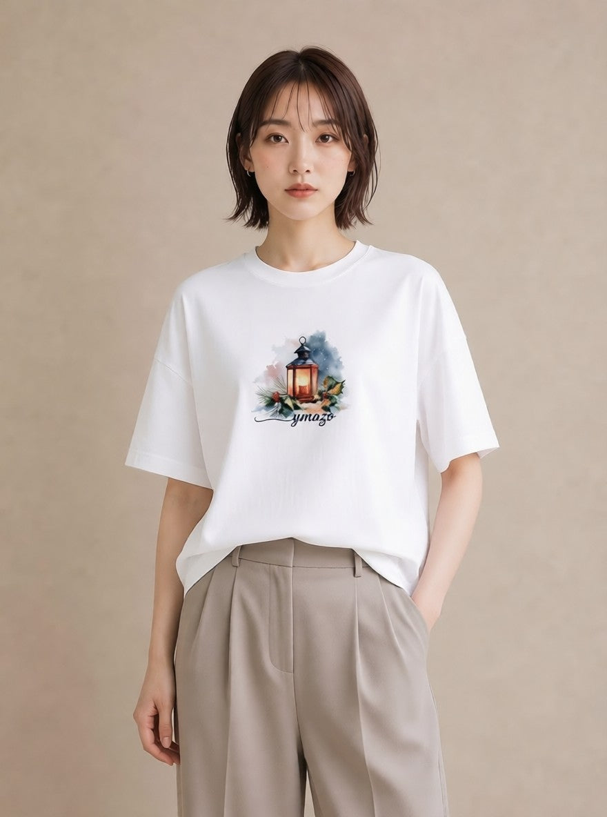 Tシャツ レディース 街灯 夜霧 夜 ナチュラル アンティーク イラスト 抜け感 お揃い 親子 白T YMAZO