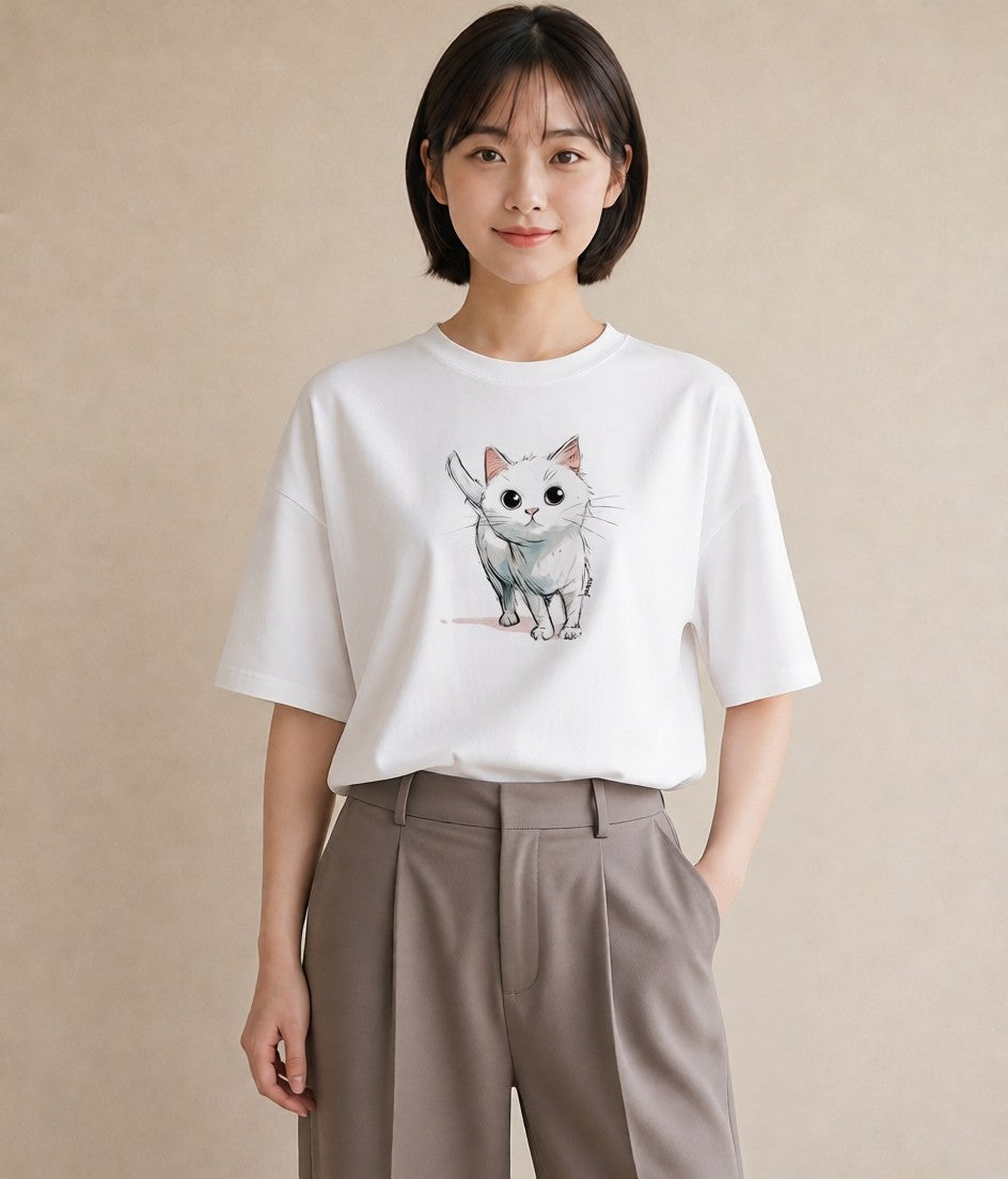 Tシャツ レディース 白猫 猫 ねこ イラスト ユニーク 姉妹 送別ギフト 白T YMAZO
