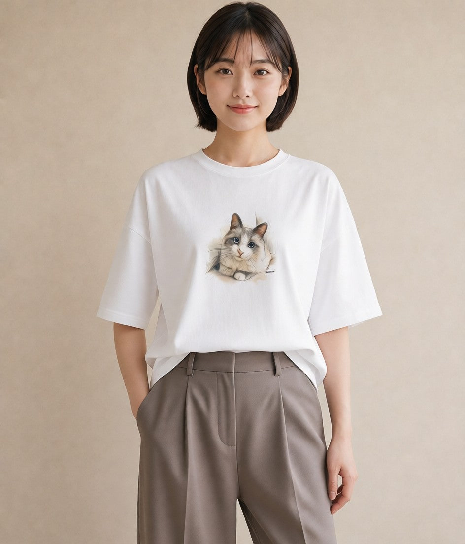 Tシャツ レディース 猫 ねこ イラスト 北欧風 デート 帰省 白T YMAZO