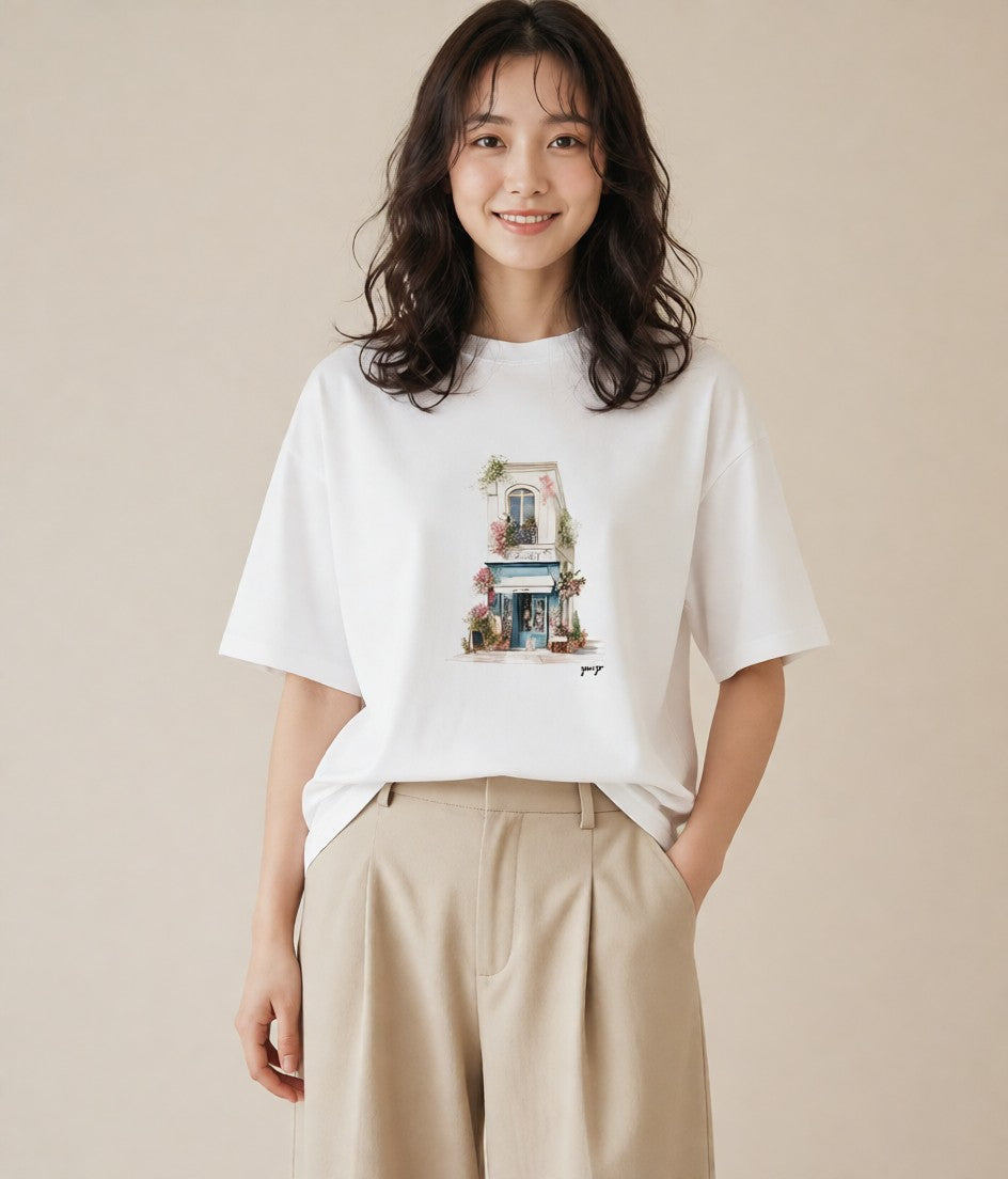 半袖Tシャツ レディース 自転車のかご 自転車 花かご ナチュラル アンティーク イラスト 抜け感 週末コーデ 敬老の日 白T YMAZO