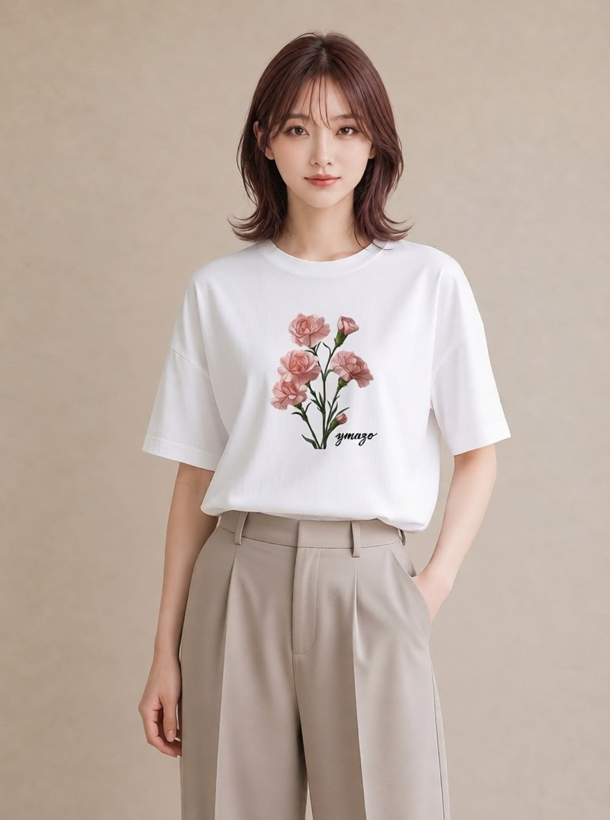 Tシャツ レディース カーネーション 花 花柄 イラスト 北欧風 綿100 デート 白T YMAZO