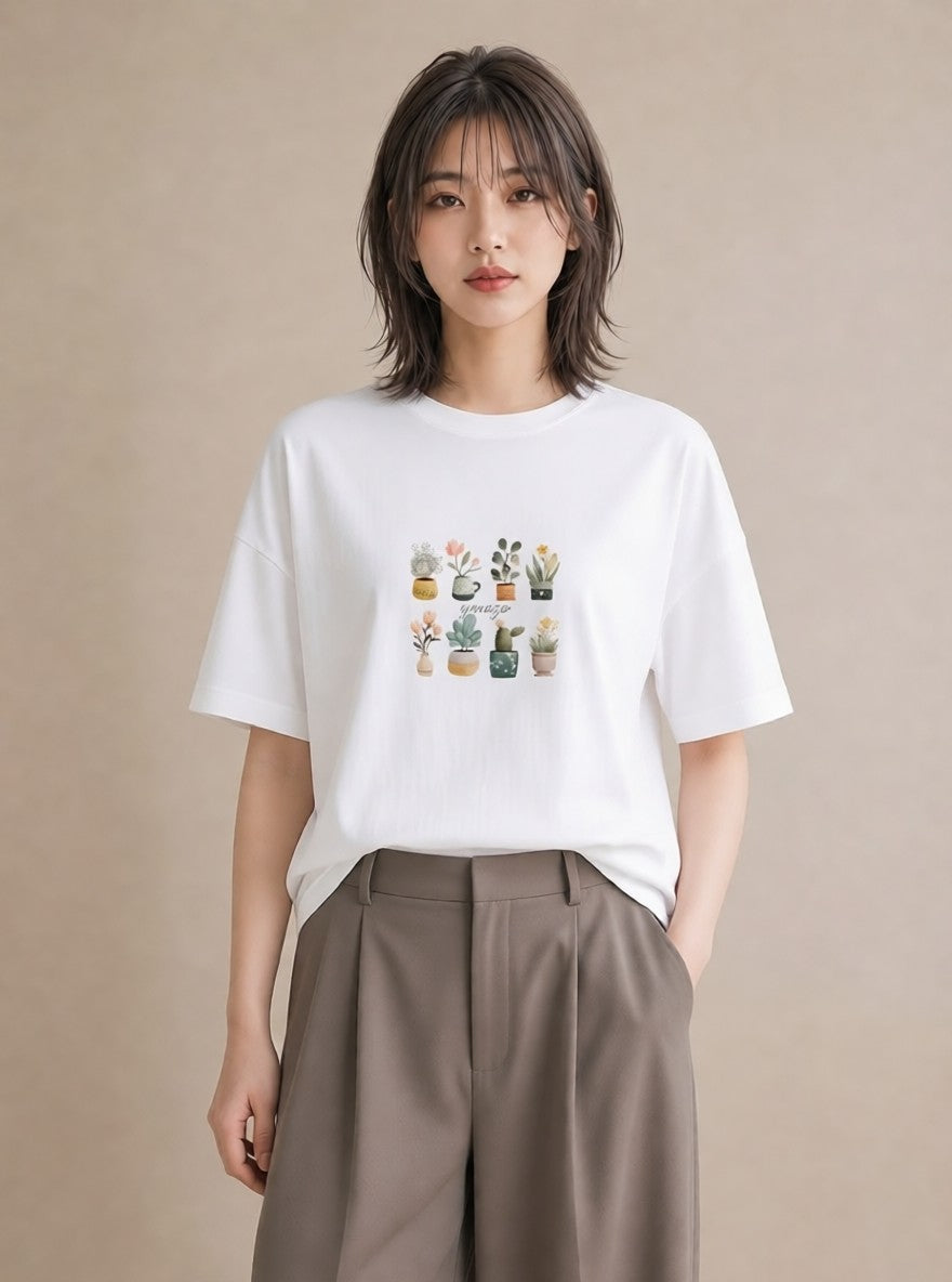 グラフィックTシャツ レディース 観葉植物 植物 ボタニカル イラスト 韓国風 おしゃれギフト 社会人 白T YMAZO