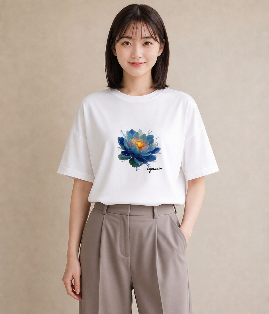 Tシャツ レディース 蓮 花 花柄 イラスト レトロ 休日 ペアコーデ 白T YMAZO