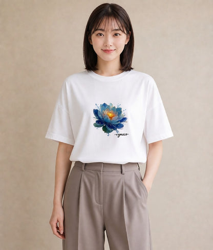 Tシャツ レディース 蓮 花 花柄 イラスト レトロ 休日 ペアコーデ 白T YMAZO