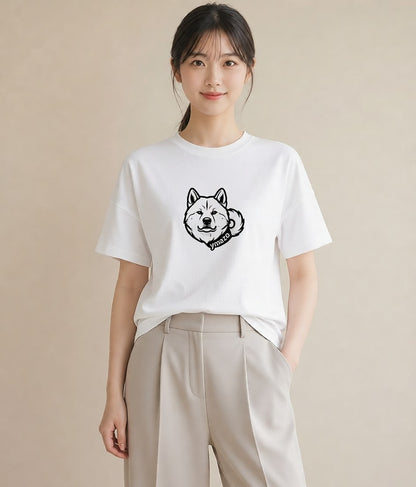 半袖Tシャツ レディース 秋田犬 犬 いぬ イラスト モード 海 カフェ巡り 白T YMAZO