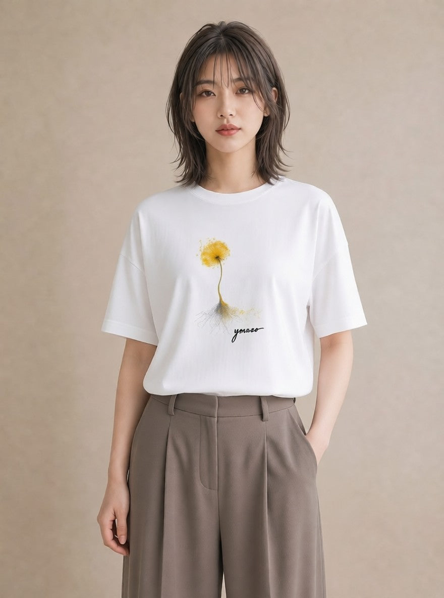 グラフィックTシャツ レディース たんぽぽ 花 花柄 イラスト ヴィンテージ風 誕生日プレゼント 綿100 白T YMAZO