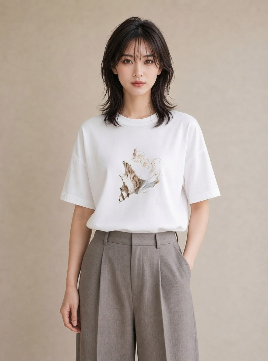 グラフィックTシャツ レディース 貝 海の生き物 海 イラスト 北欧風 通勤 在宅 白T YMAZO