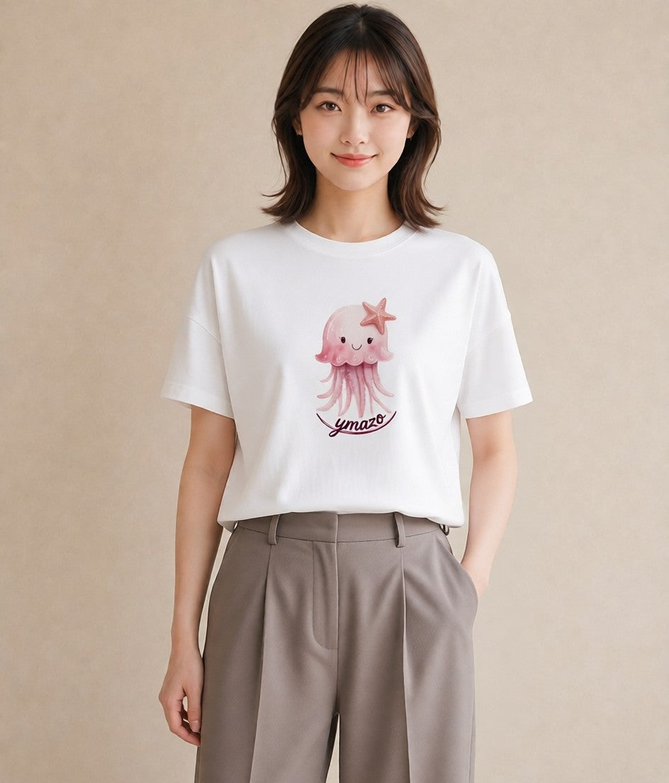 グラフィックTシャツ レディース タコ 海の生き物 海 イラスト 上品 買い物 夏コーデ 白T YMAZO