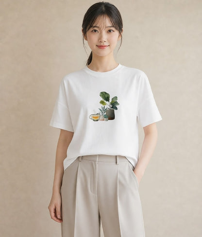 プリントTシャツ レディース 夕暮れ バルコニー 夕焼け ナチュラル アンティーク イラスト 個性的 カジュアルコーデ 買い物 白T YMAZO