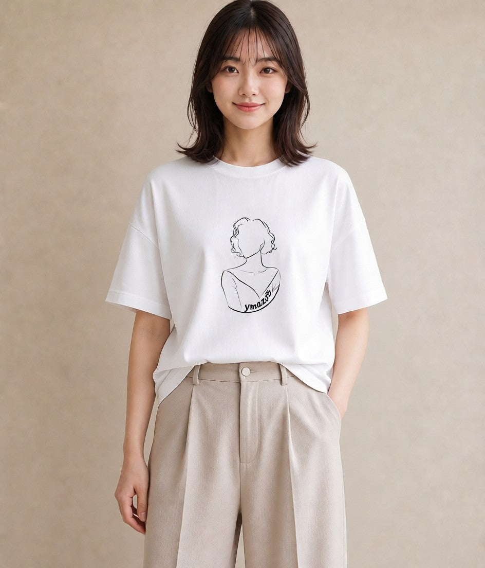 Tシャツ レディース 女の子 ガール 後ろ姿 イラスト こなれ感 ママ カフェ服 白T YMAZO