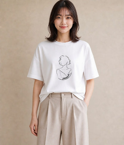 Tシャツ レディース 女の子 ガール 後ろ姿 イラスト こなれ感 ママ カフェ服 白T YMAZO