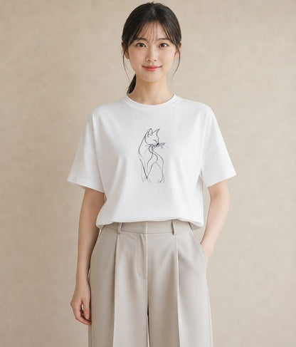 プリントTシャツ レディース 猫 ねこ ネコ イラスト 上品 社会人 女性 白T YMAZO