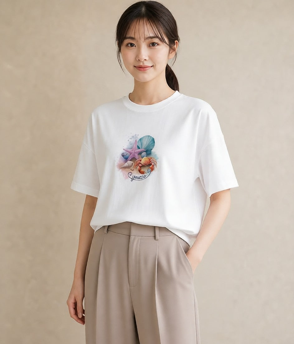 グラフィックTシャツ レディース 貝 海の生き物 海 イラスト ミニマル 女性 旅行用 白T YMAZO