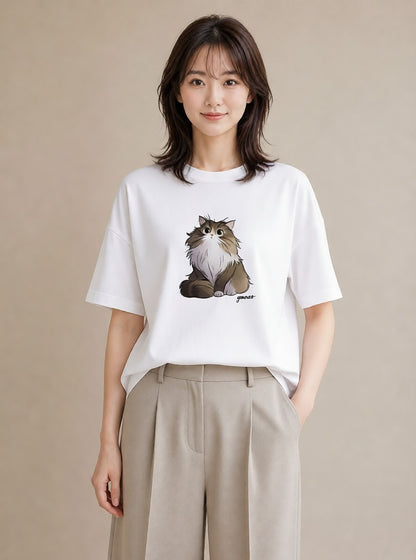 グラフィックTシャツ レディース 猫 ねこ イラスト 休日コーデ ミセス 春コーデ 白T YMAZO