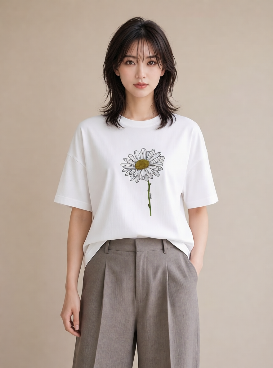 Tシャツ レディース デイジー 花 花柄 イラスト ボタニカル 夏コーデ 通学 白T