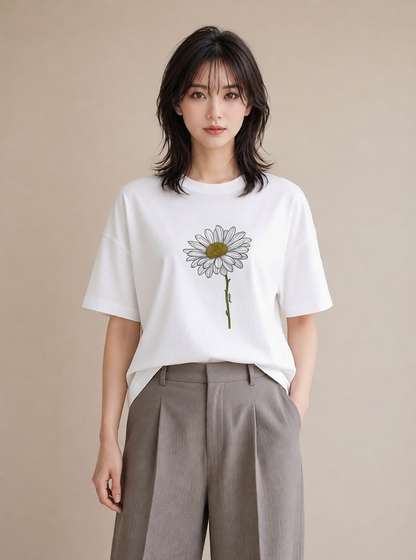 Tシャツ レディース デイジー 花 花柄 イラスト ボタニカル 夏コーデ 通学 白T