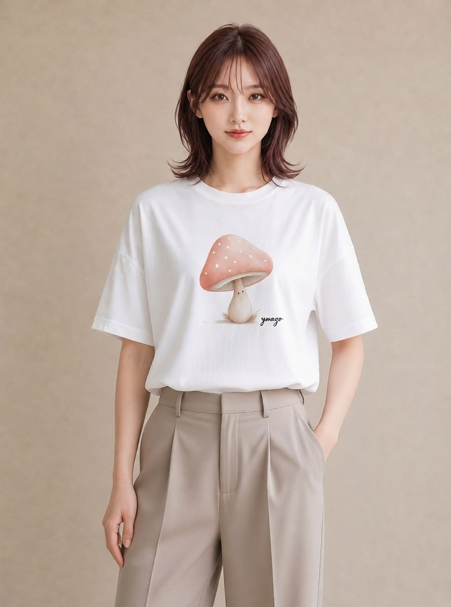 半袖Tシャツ レディース きのこ 植物 ボタニカル イラスト ギフト 母の日 白T YMAZO