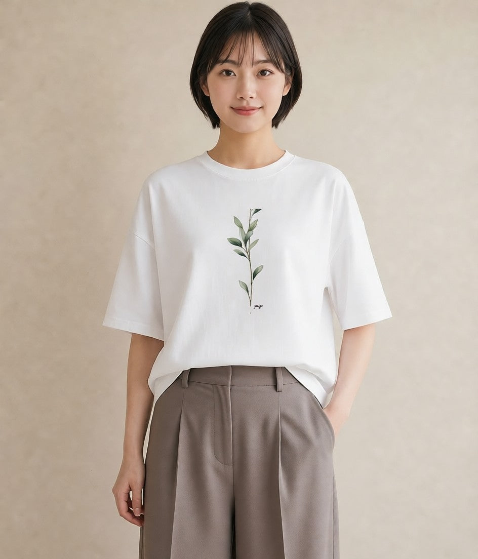 グラフィックTシャツ レディース ガラス瓶 小枝 ボタニカル ナチュラル アンティーク イラスト 手描き風 ママ カフェ服 白T YMAZO