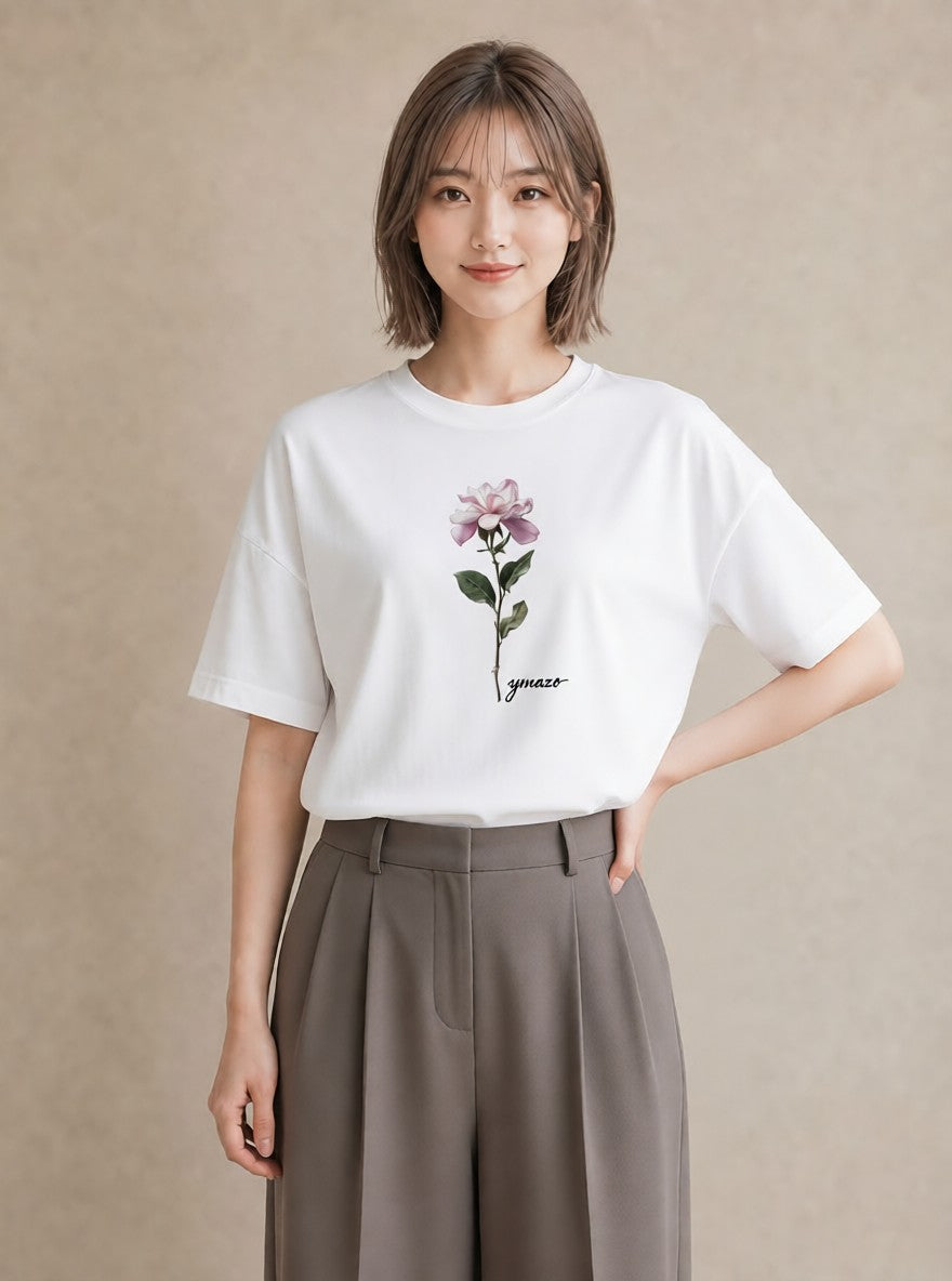 デザインTシャツ レディース バラ 薔薇 ローズ 花 花柄 イラスト ミニマル ビーチ デイリーウェア 白T
