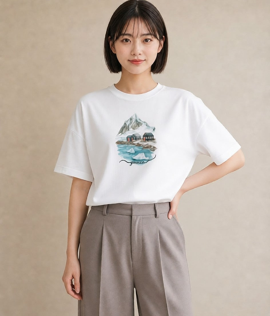 Tシャツ レディース 山 星空 宇宙 イラスト カジュアル カフェ巡り 女子会 白T YMAZO