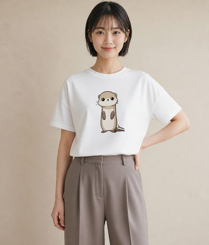 グラフィックTシャツ レディース フェレット ペット 動物 イラスト カフェコーデ 買い物 夏コーデ 白T YMAZO