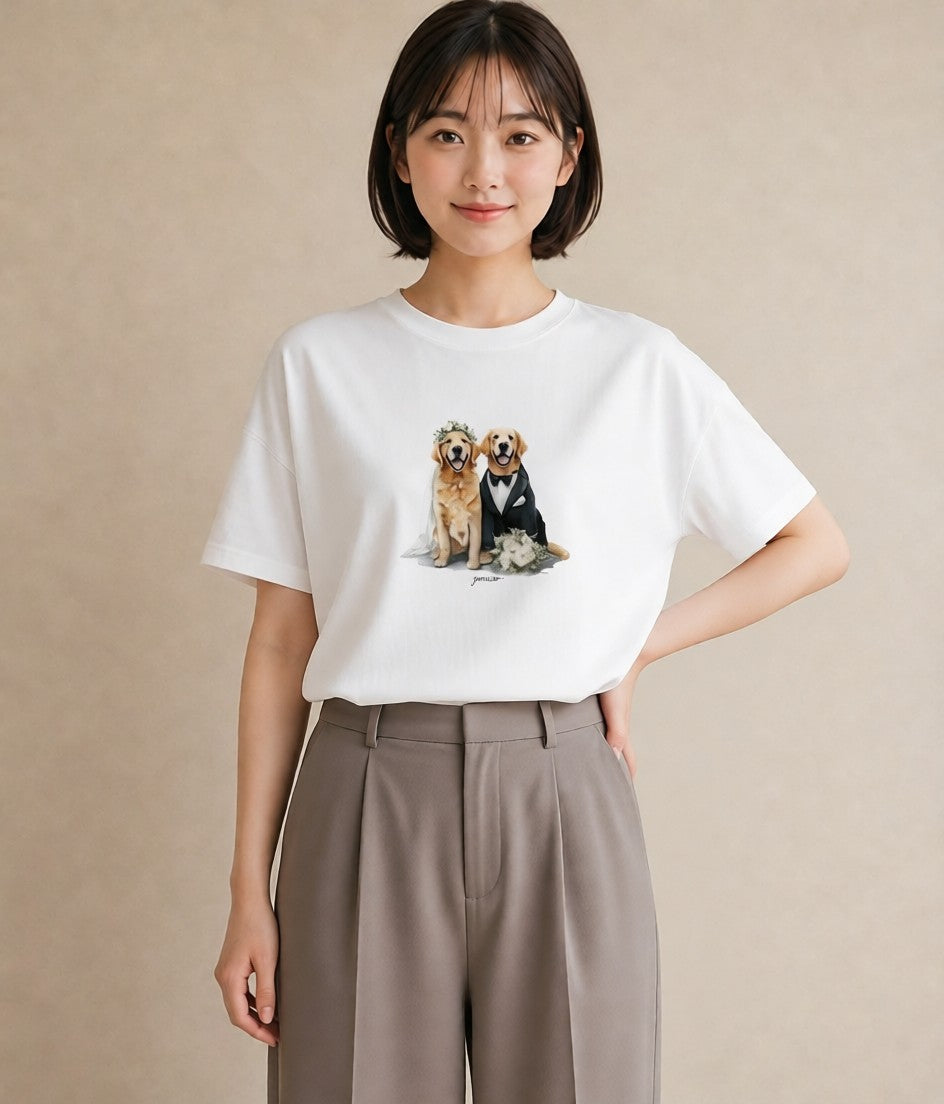 半袖Tシャツ レディース ゴールデンレトリバー ゴールデン 犬 いぬ イラスト ニュアンス 姉妹 送別ギフト 白T YMAZO