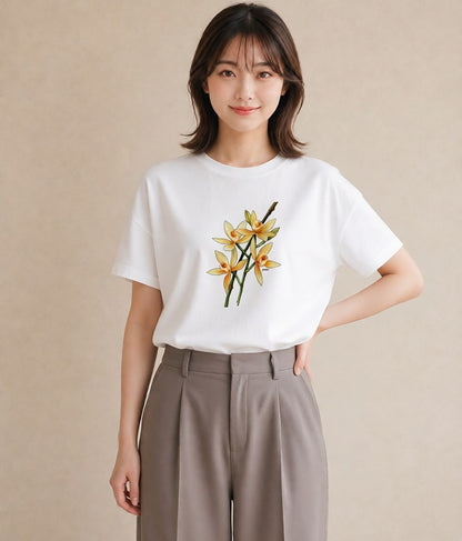 グラフィックTシャツ レディース ゆり 百合 花 花柄 イラスト ラフ カジュアルコーデ 買い物 白T