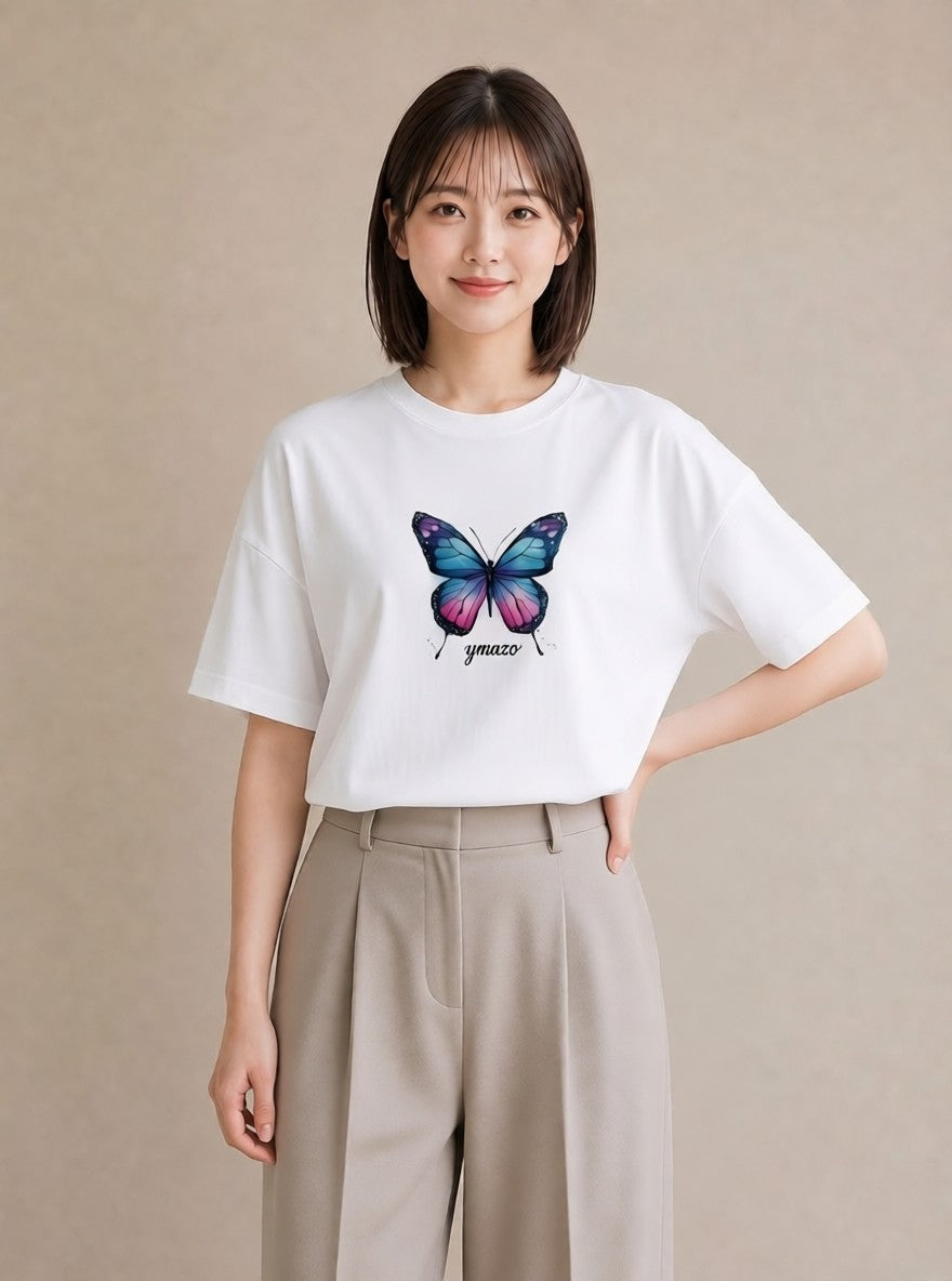 プリントTシャツ レディース ちょうちょ 蝶 バタフライ 昆虫 虫 イラスト 淡色 帰省 ラフ 白T YMAZO