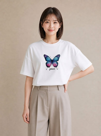 プリントTシャツ レディース ちょうちょ 蝶 バタフライ 昆虫 虫 イラスト 淡色 帰省 ラフ 白T YMAZO