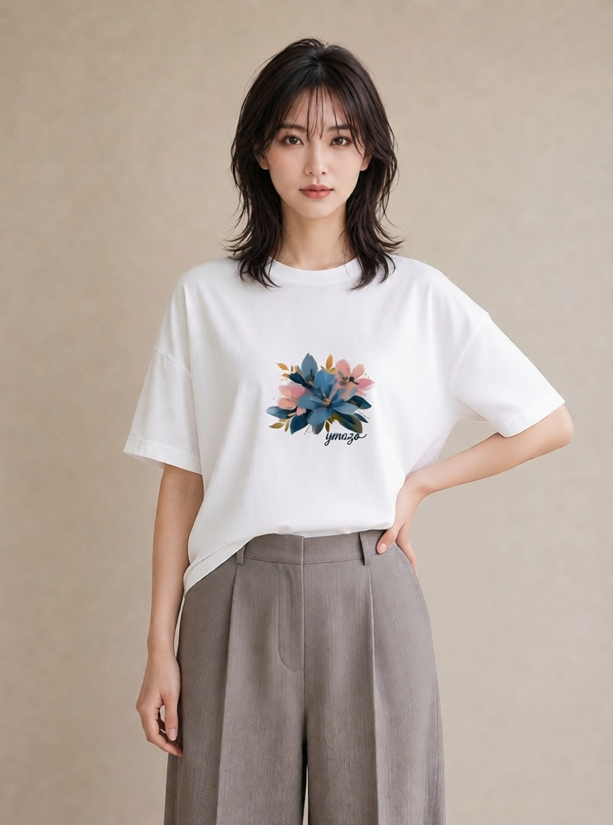 グラフィックTシャツ レディース 花 花柄 イラスト きれいめ 自分用 ルームウェア 白T