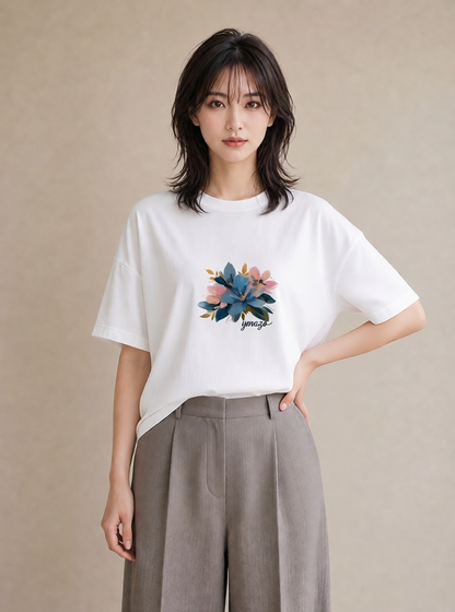 グラフィックTシャツ レディース 花 花柄 イラスト きれいめ 自分用 ルームウェア 白T