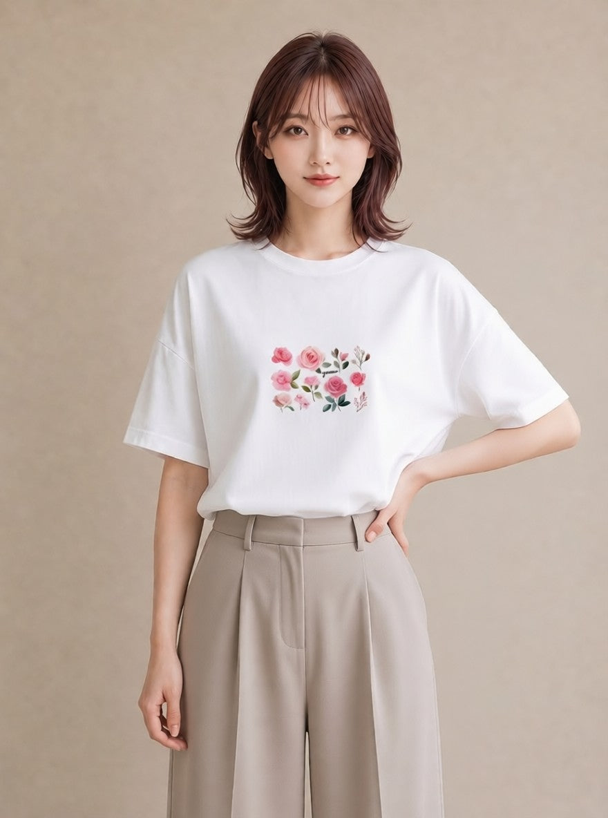 デザインTシャツ レディース バラ 薔薇 ローズ 花 花柄 イラスト ガーリー 散歩 お出かけ 白T YMAZO