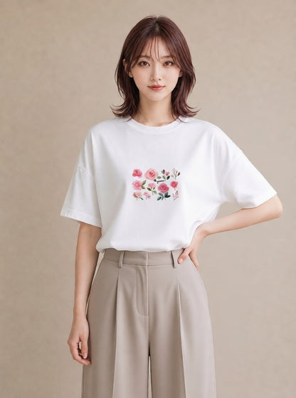 デザインTシャツ レディース バラ 薔薇 ローズ 花 花柄 イラスト ガーリー 散歩 お出かけ 白T YMAZO