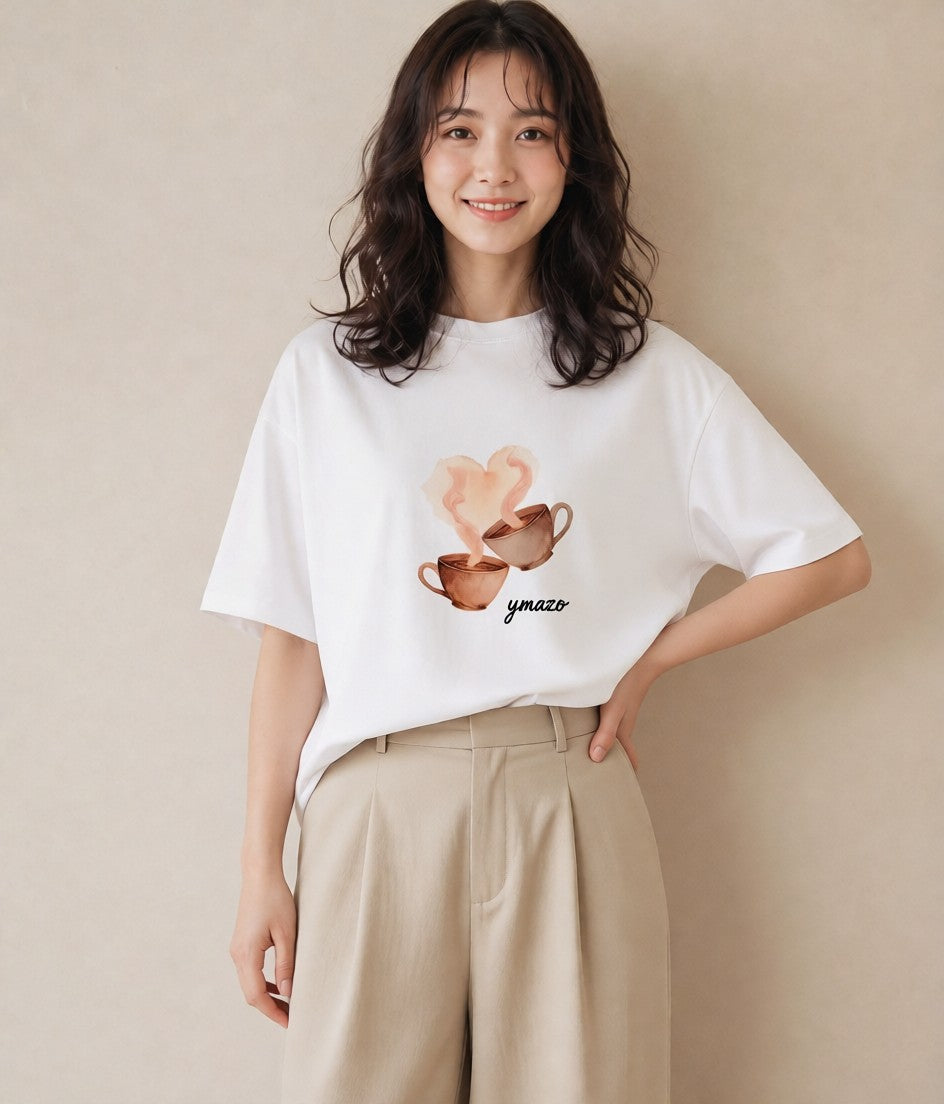 プリントTシャツ レディース コーヒー 珈琲 カフェ 食べ物 フード イラスト レトロ 旅行 母娘コーデ 白T YMAZO